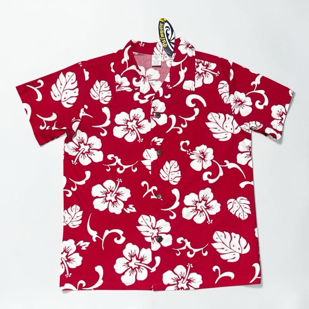 Palmwave Hawaii Shirt Youth XL / Women’s Small Aloha Hibiscus Red White Floral